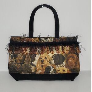 A Puppy Dog Pattern Satchel Purse Frilly Top Handle Beaded Quilted